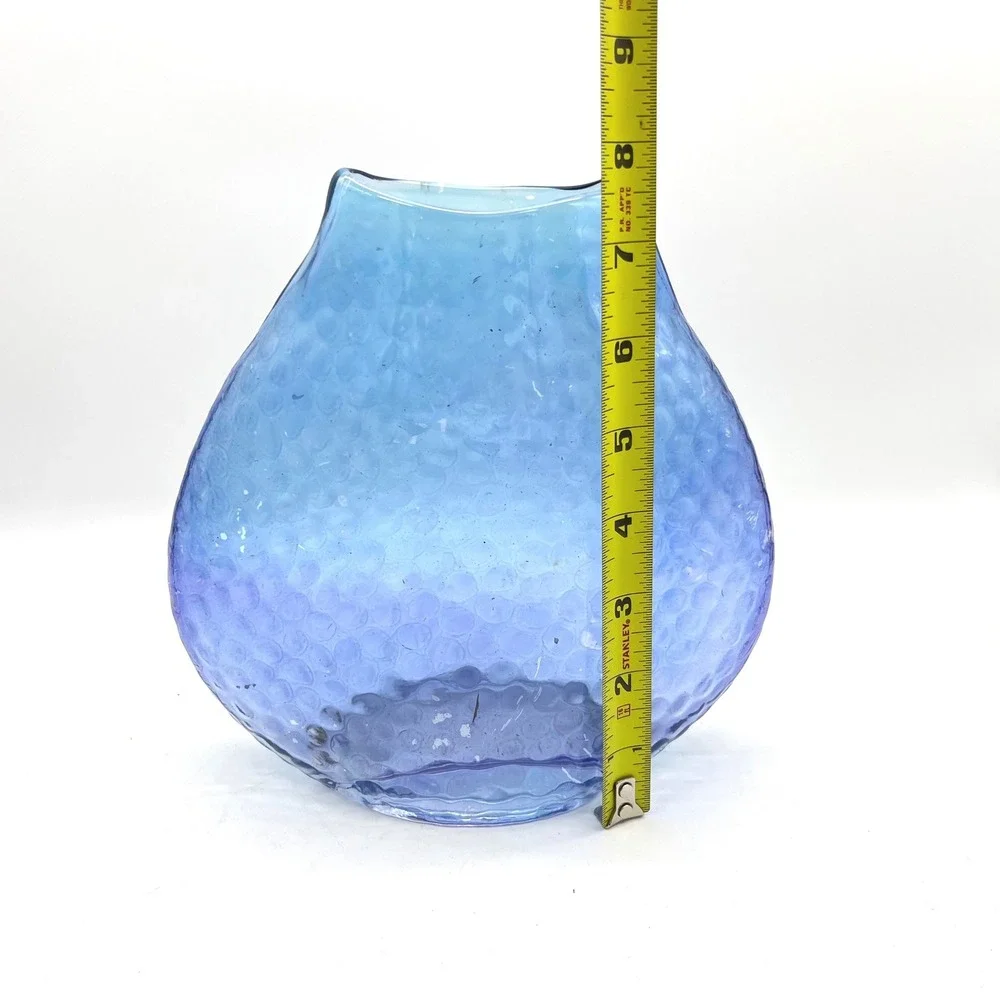 Hand Blown Blue Dimpled Art Glass Vase 7.5 Inch Hammered Texture